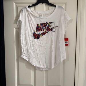 Nike White Short-Sleeve Tee with Multicolor Floral Swoosh